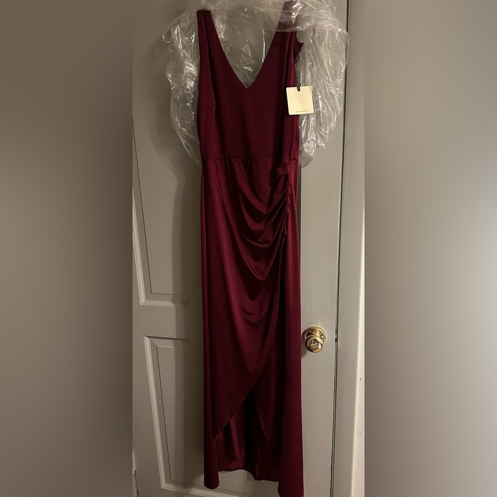 Satin ruched midi dress. DeepV neckline, cinched waist. Faux wrap skirt